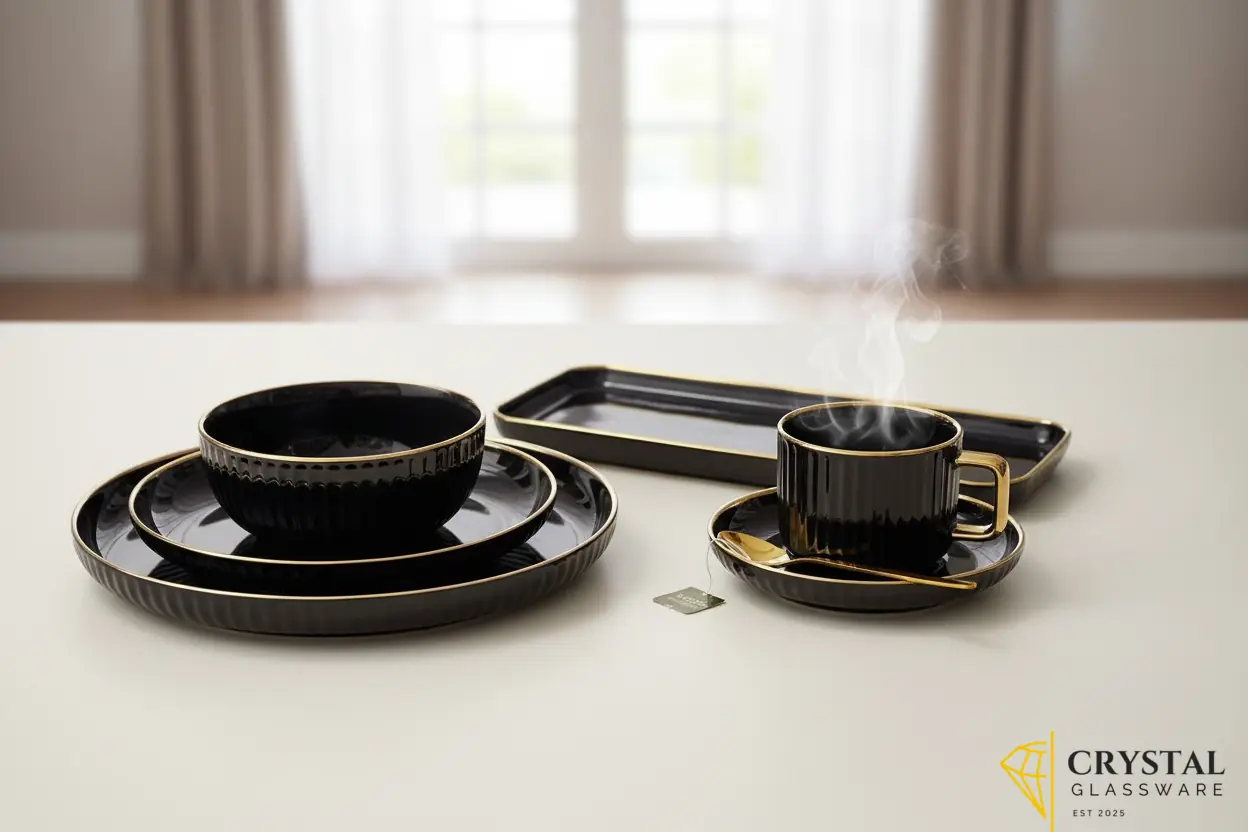 Multicolour 32-piece ceramic dinner set featuring a ribbed texture and gold trim